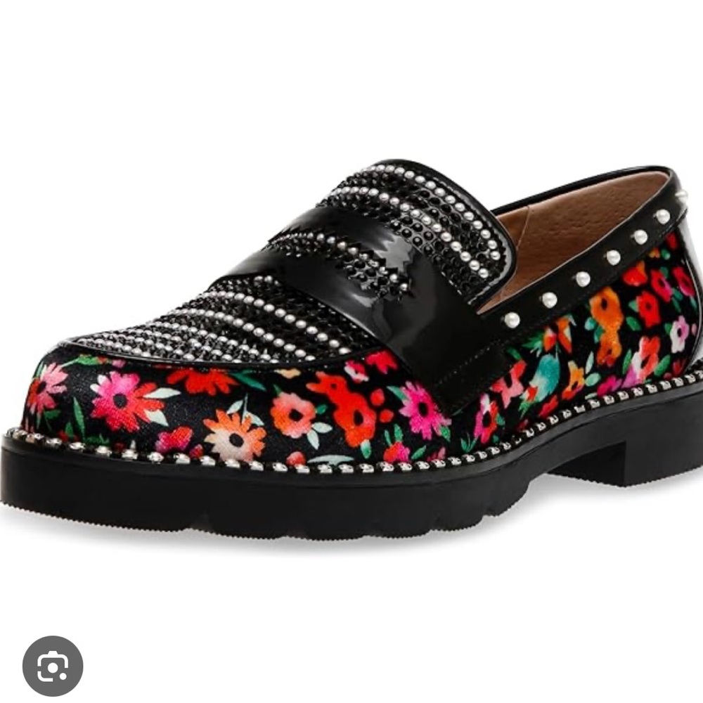 Floral Black Loafers with Studded Detail